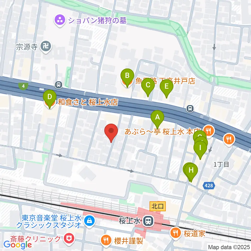 世田谷音楽院周辺のファミレス・ファーストフード一覧地図