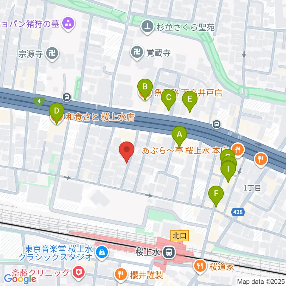 世田谷音楽院周辺のファミレス・ファーストフード一覧地図