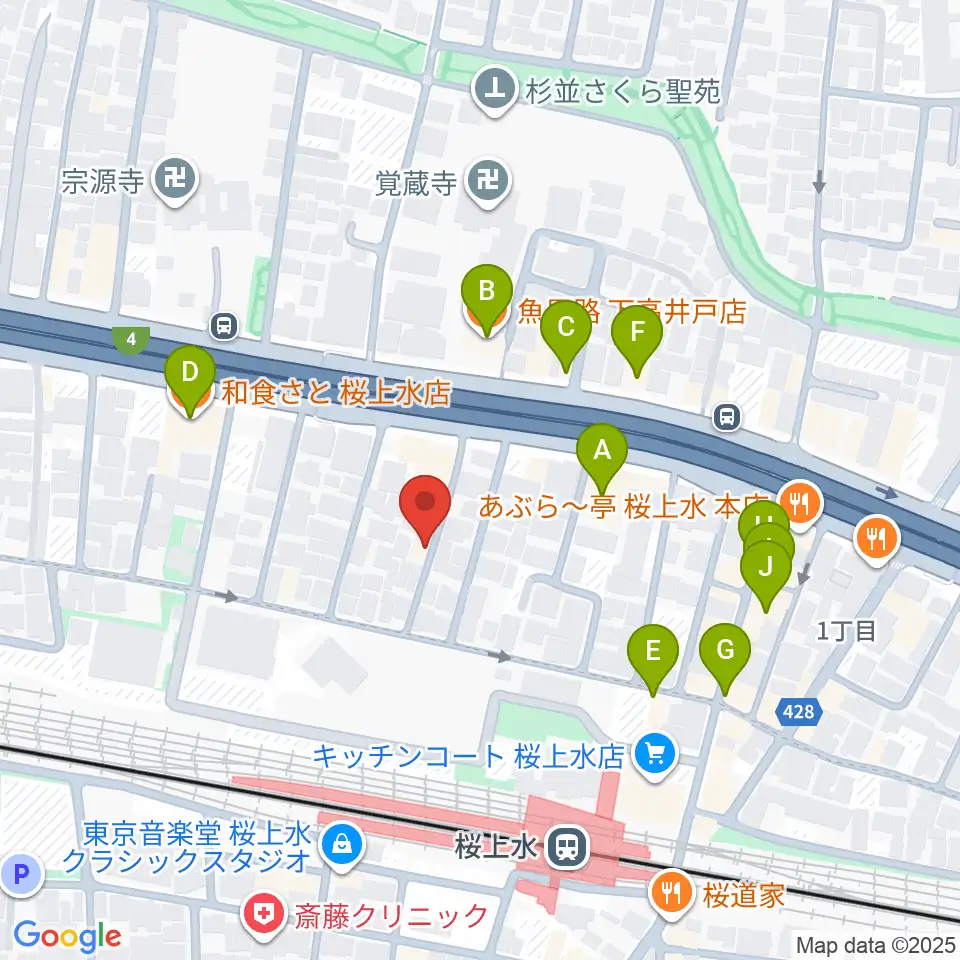 世田谷音楽院周辺のファミレス・ファーストフード一覧地図