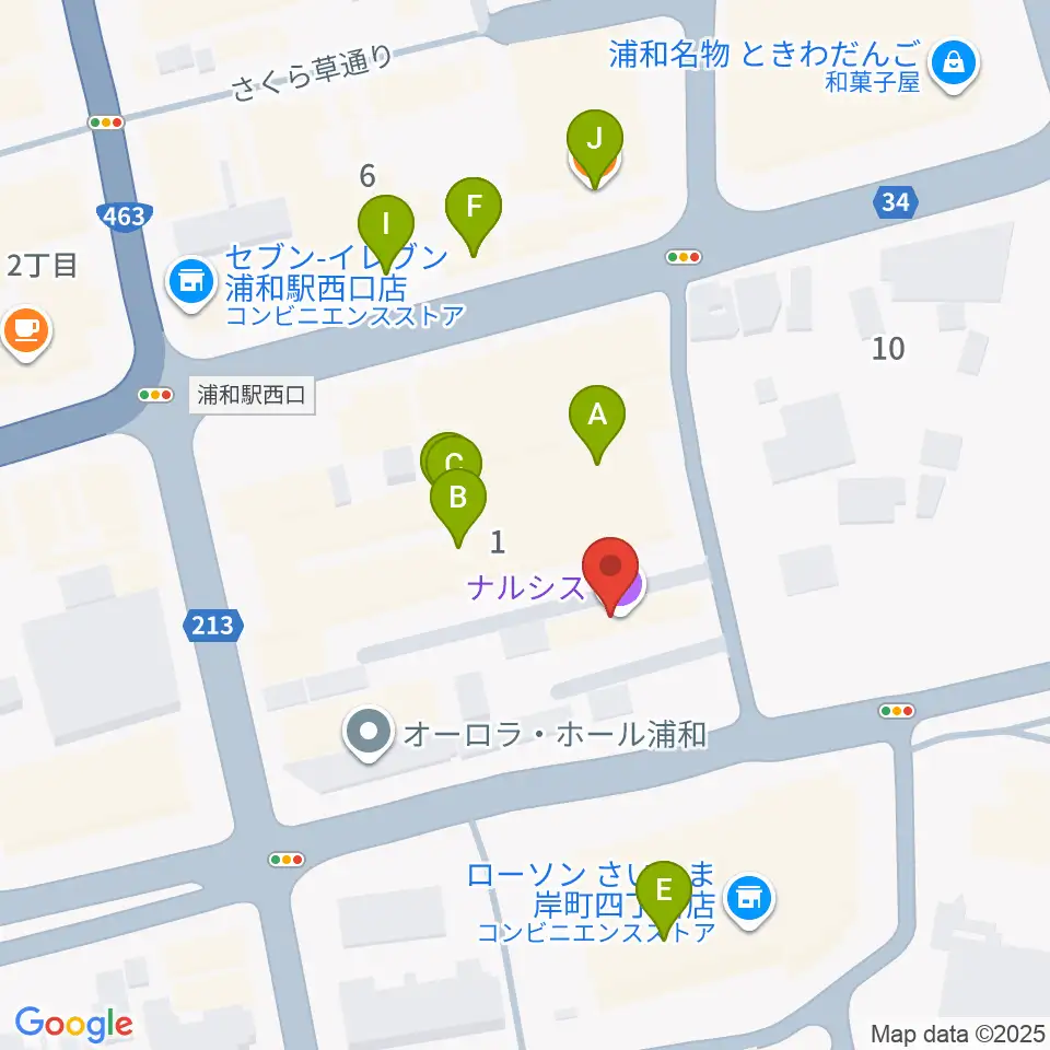 浦和ナルシス周辺のファミレス・ファーストフード一覧地図