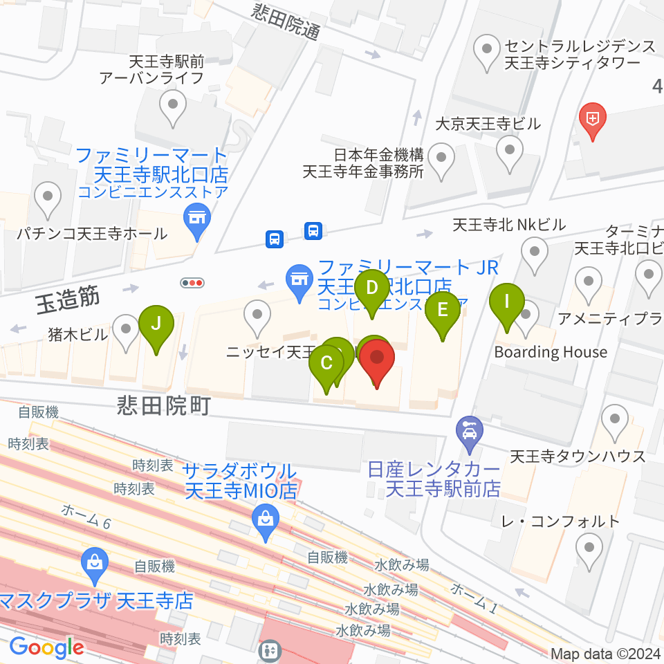 ベースオントップ天王寺店周辺のファミレス・ファーストフード一覧地図