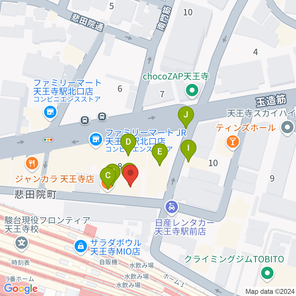 ベースオントップ天王寺店周辺のファミレス・ファーストフード一覧地図