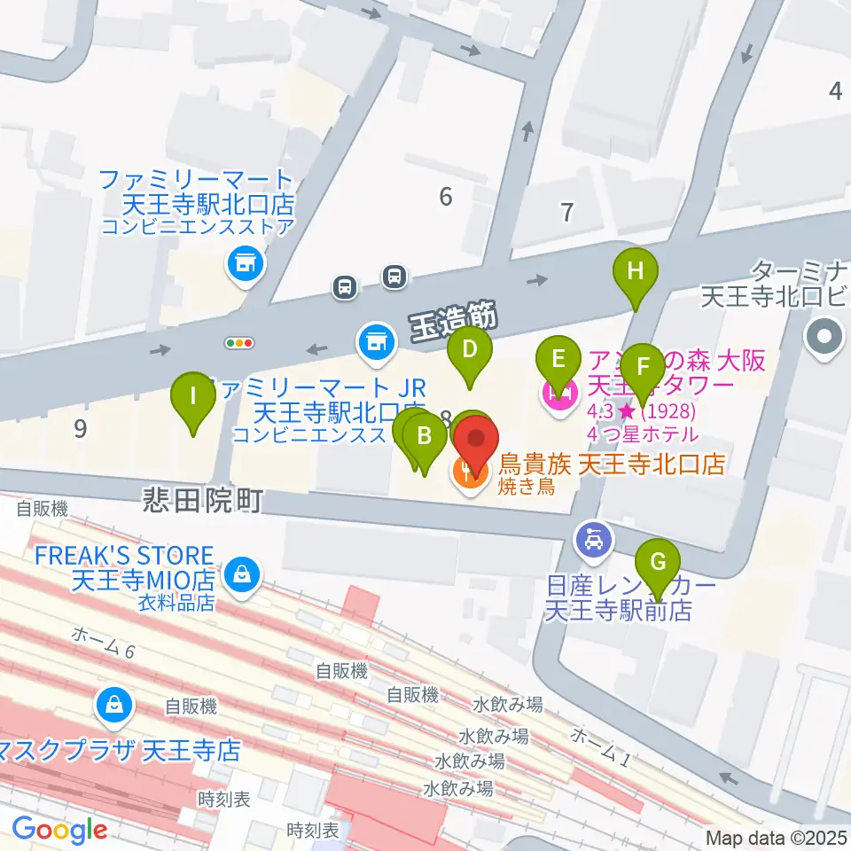 ベースオントップ天王寺店周辺のファミレス・ファーストフード一覧地図