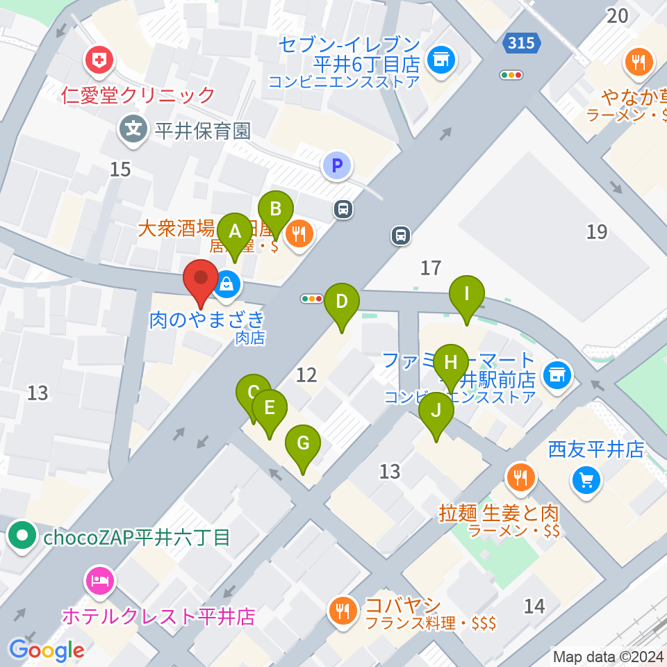 ギター工房タンジェリン周辺のファミレス・ファーストフード一覧地図