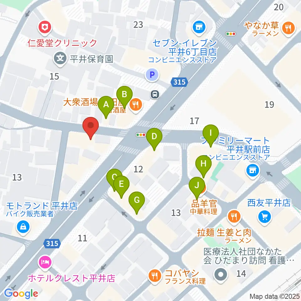 ギター工房タンジェリン周辺のファミレス・ファーストフード一覧地図