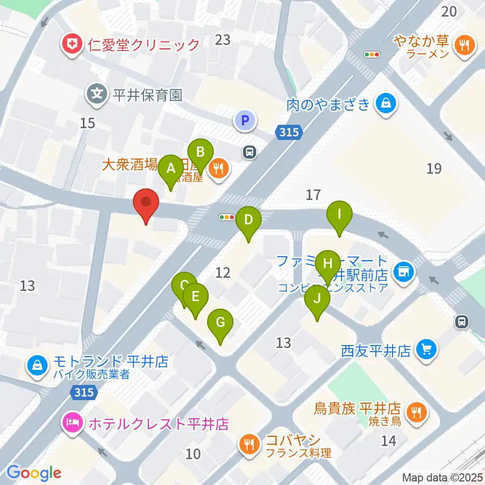 ギター工房タンジェリン周辺のファミレス・ファーストフード一覧地図