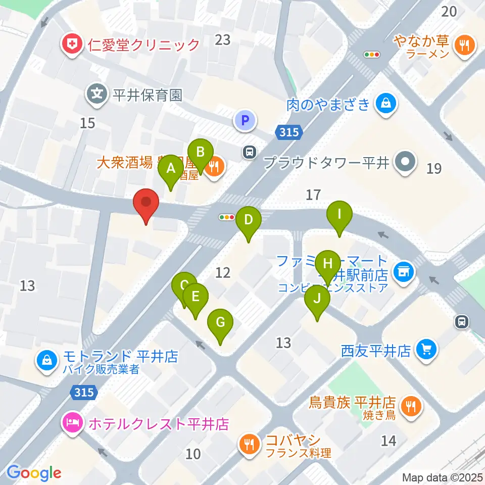 ギター工房タンジェリン周辺のファミレス・ファーストフード一覧地図