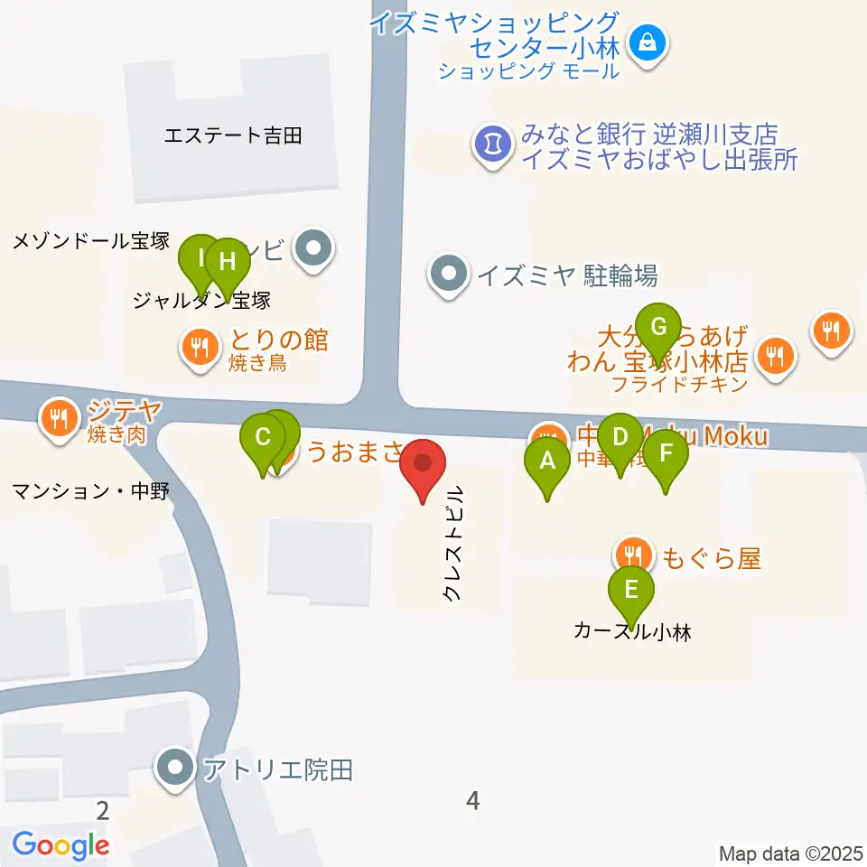 レイドバックミュージックスクール周辺のファミレス・ファーストフード一覧地図