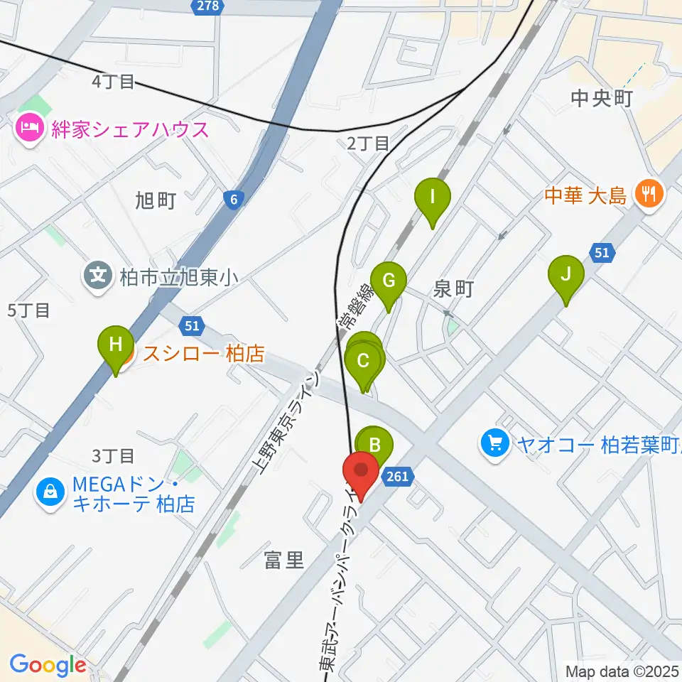柏サンブアップ周辺のファミレス・ファーストフード一覧地図