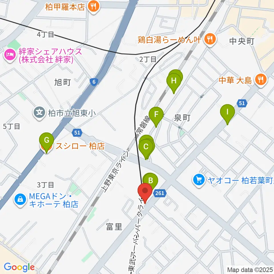 柏サンブアップ周辺のファミレス・ファーストフード一覧地図