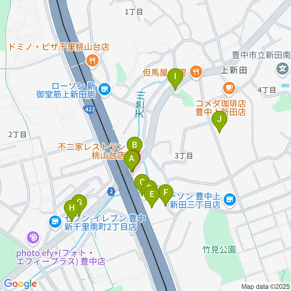 エストレーヤ音楽教室周辺のファミレス・ファーストフード一覧地図