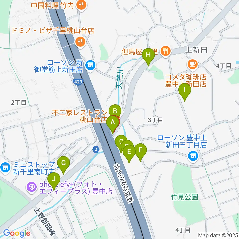 エストレーヤ音楽教室周辺のファミレス・ファーストフード一覧地図
