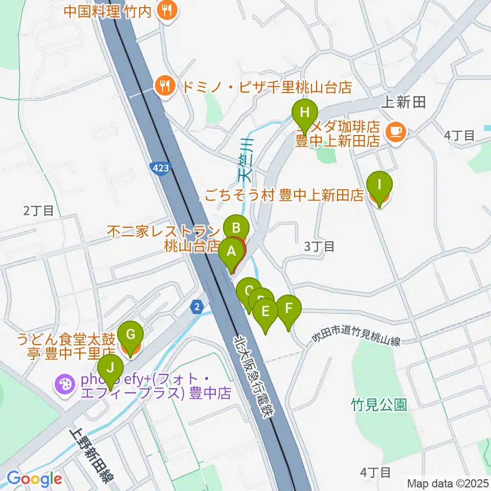 エストレーヤ音楽教室周辺のファミレス・ファーストフード一覧地図