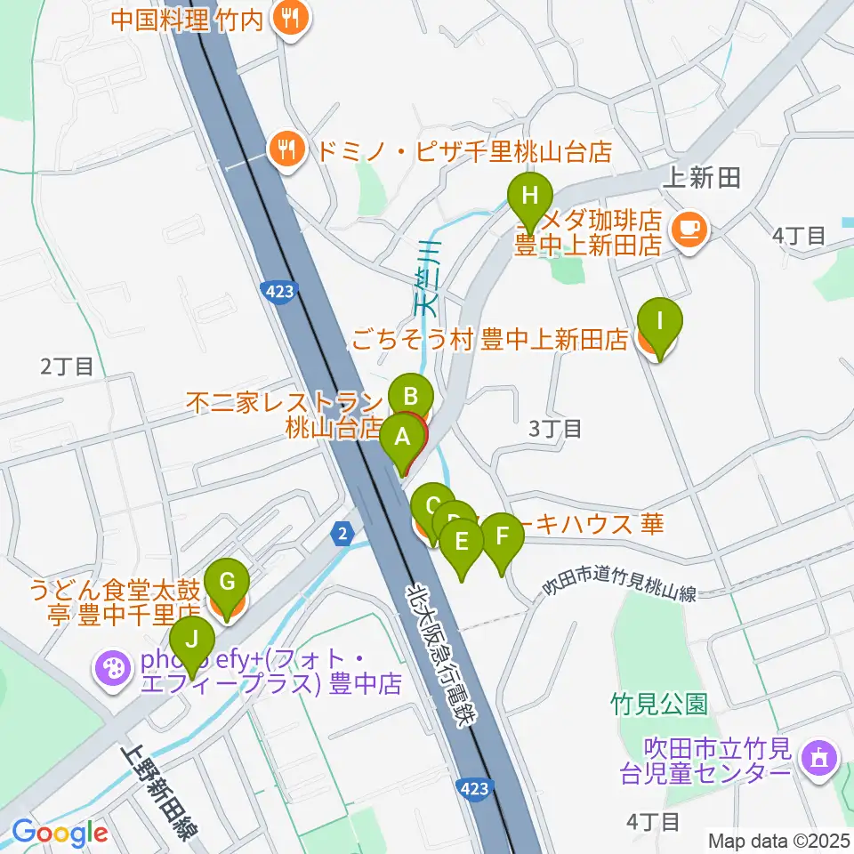 エストレーヤ音楽教室周辺のファミレス・ファーストフード一覧地図