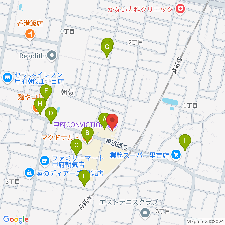 甲府コンビクション周辺のファミレス・ファーストフード一覧地図