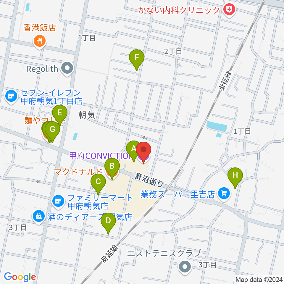 甲府コンビクション周辺のファミレス・ファーストフード一覧地図