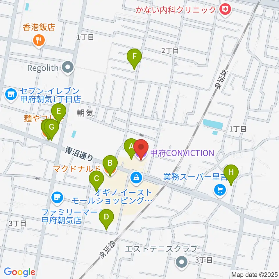 甲府コンビクション周辺のファミレス・ファーストフード一覧地図