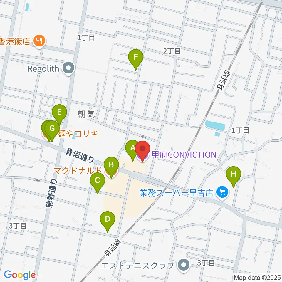 甲府コンビクション周辺のファミレス・ファーストフード一覧地図