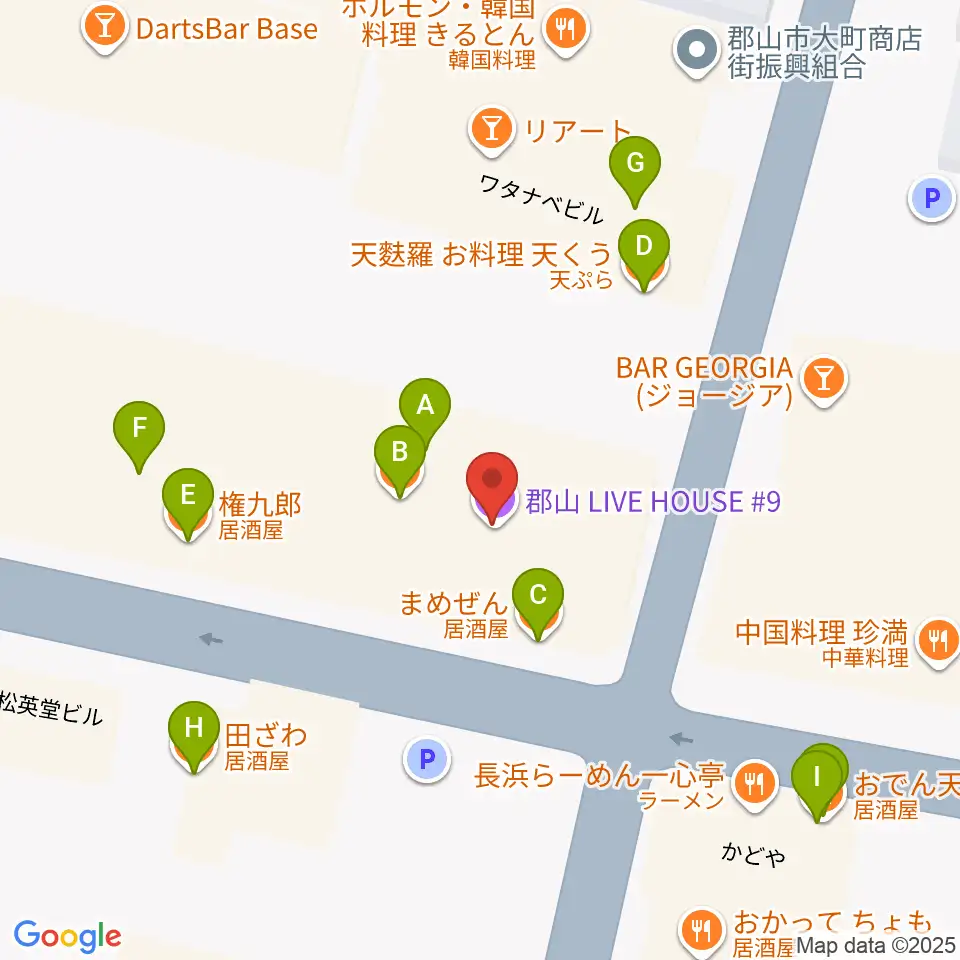 郡山CLUB＃９周辺のファミレス・ファーストフード一覧地図