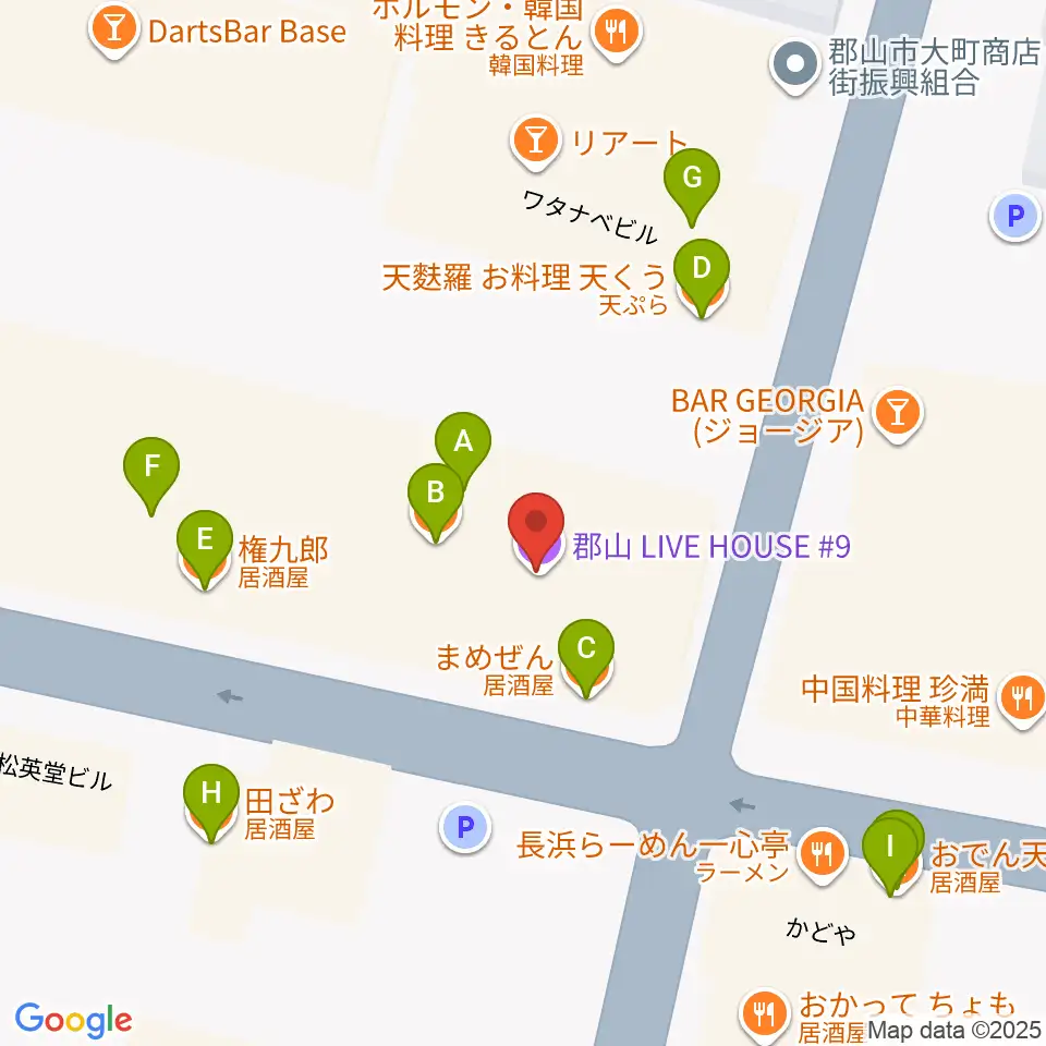 郡山CLUB＃９周辺のファミレス・ファーストフード一覧地図