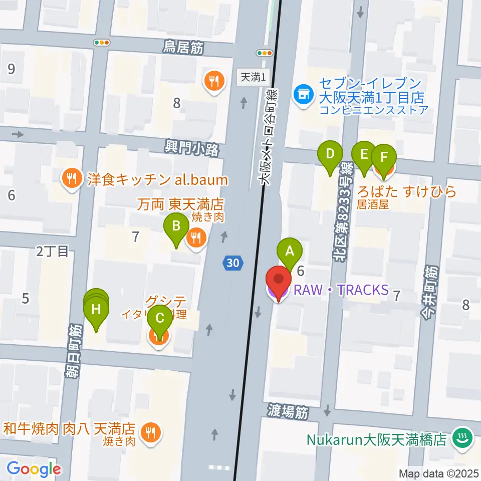 天満RAW TRACKS周辺のファミレス・ファーストフード一覧地図