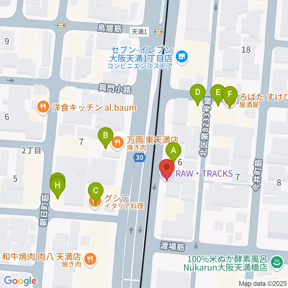 天満RAW TRACKS周辺のファミレス・ファーストフード一覧地図