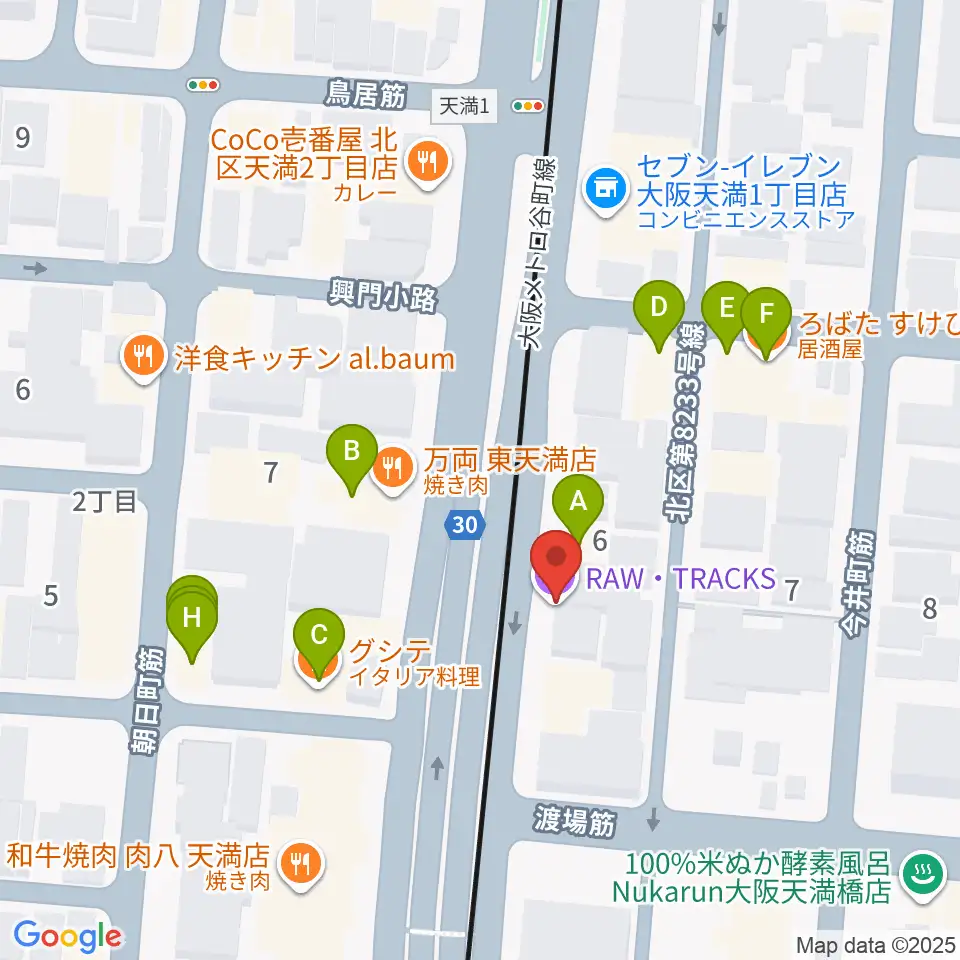 天満RAW TRACKS周辺のファミレス・ファーストフード一覧地図