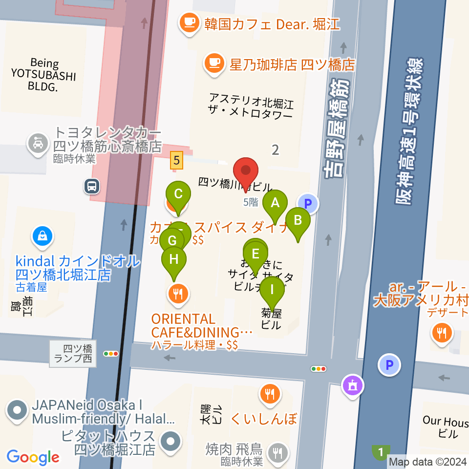 Vocal Space B 大阪四ツ橋校周辺のファミレス・ファーストフード一覧地図