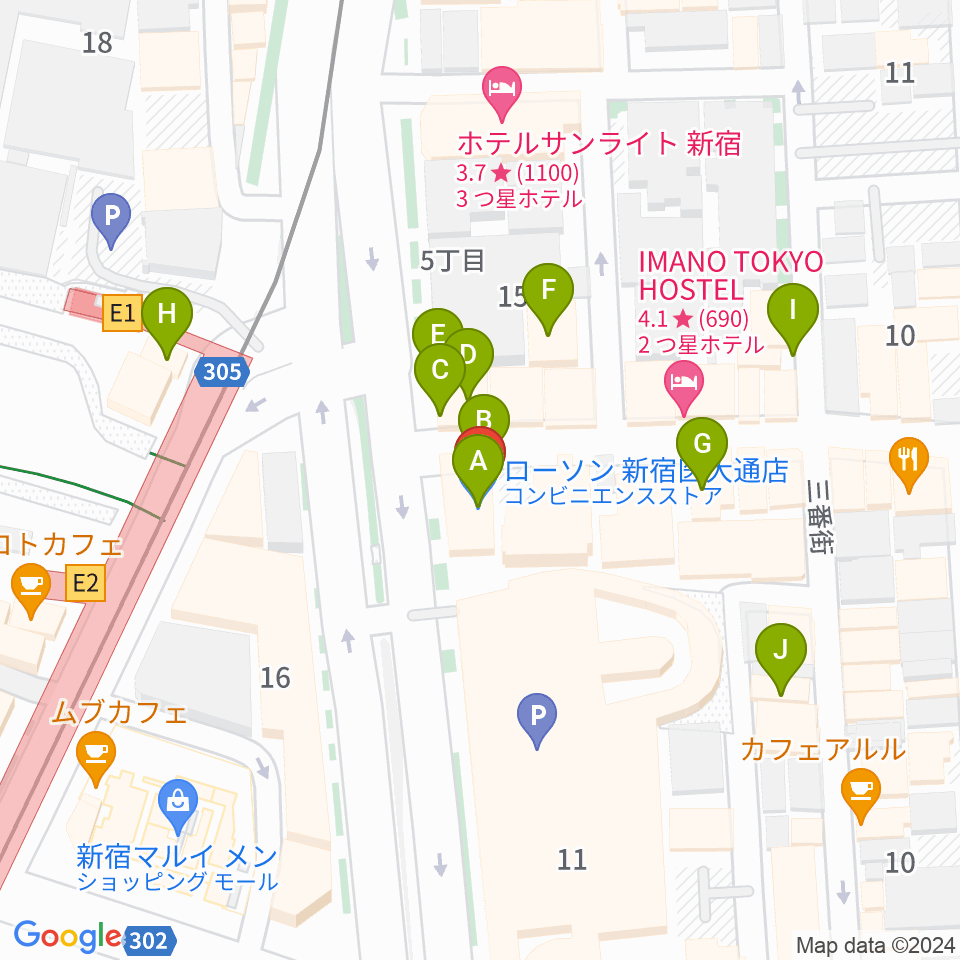 新宿SUNFACE周辺のファミレス・ファーストフード一覧地図