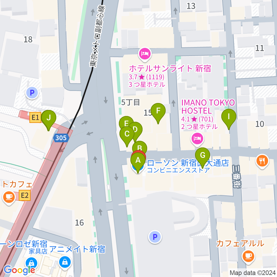 新宿SUNFACE周辺のファミレス・ファーストフード一覧地図