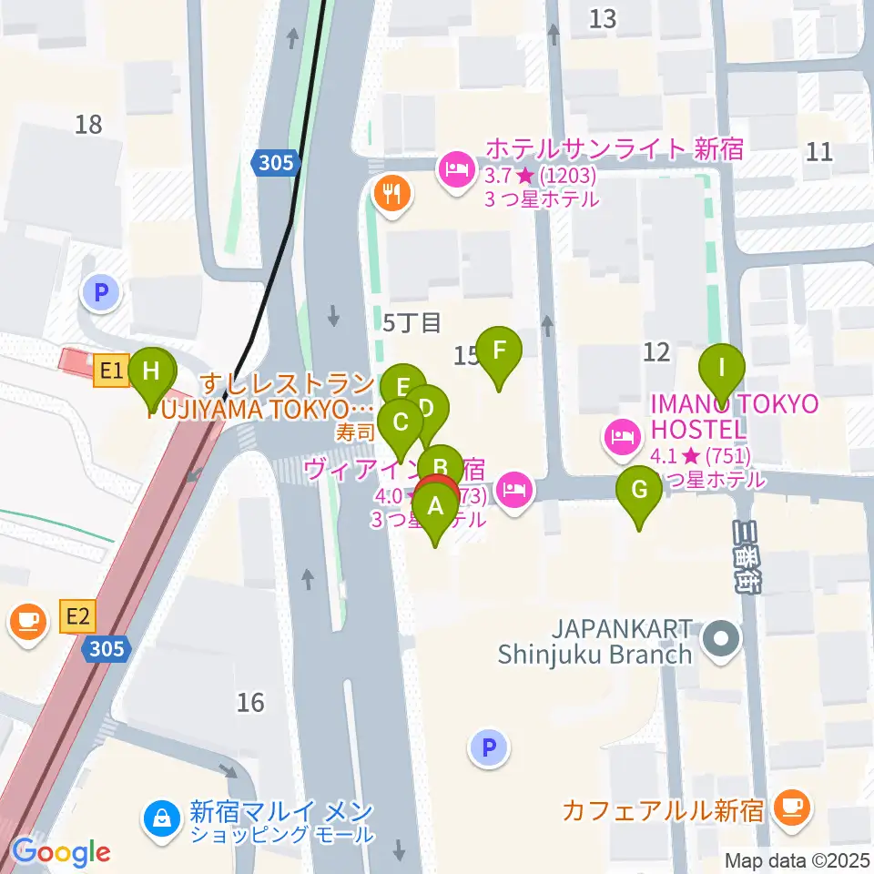 新宿SUNFACE周辺のファミレス・ファーストフード一覧地図