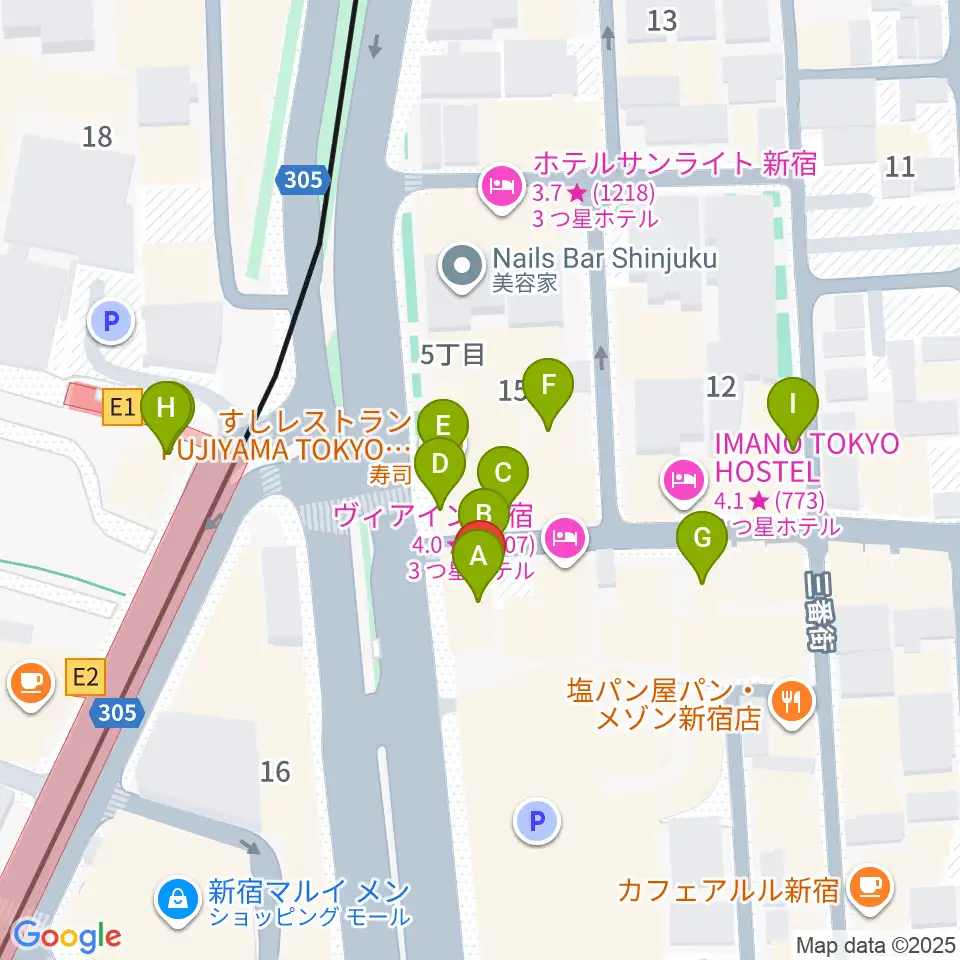 新宿SUNFACE周辺のファミレス・ファーストフード一覧地図