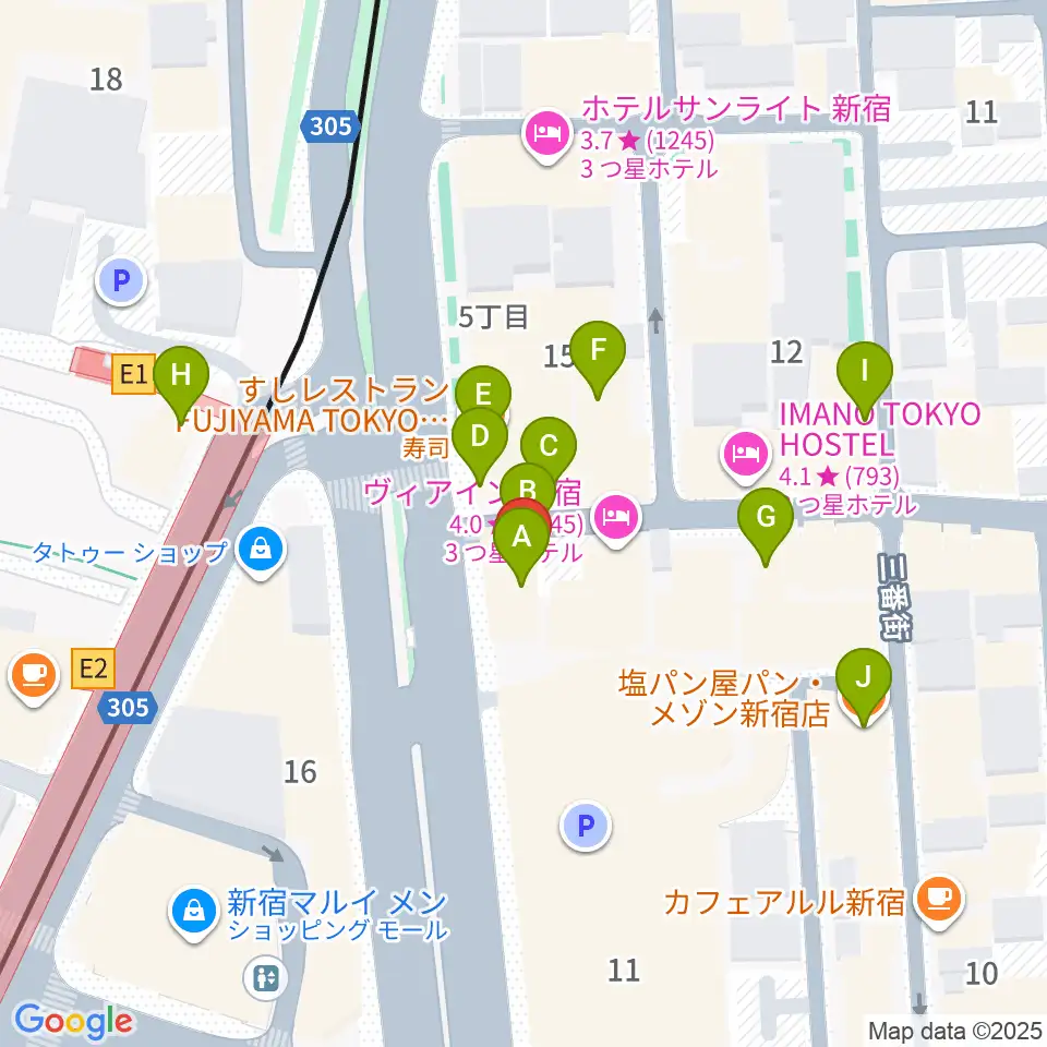 新宿SUNFACE周辺のファミレス・ファーストフード一覧地図