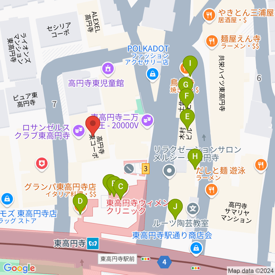 東高円寺ロサンゼルスクラブ周辺のファミレス・ファーストフード一覧地図