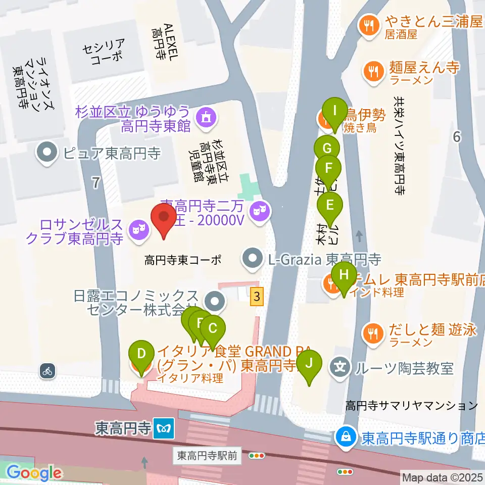 東高円寺ロサンゼルスクラブ周辺のファミレス・ファーストフード一覧地図