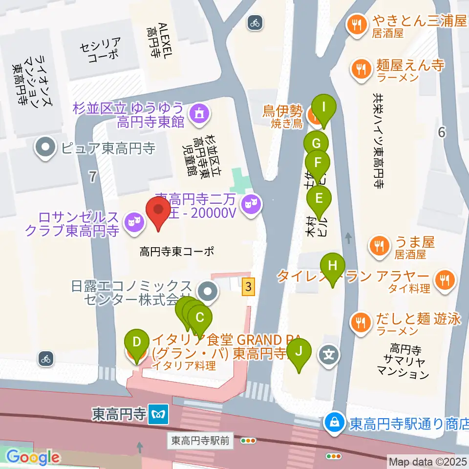 東高円寺ロサンゼルスクラブ周辺のファミレス・ファーストフード一覧地図