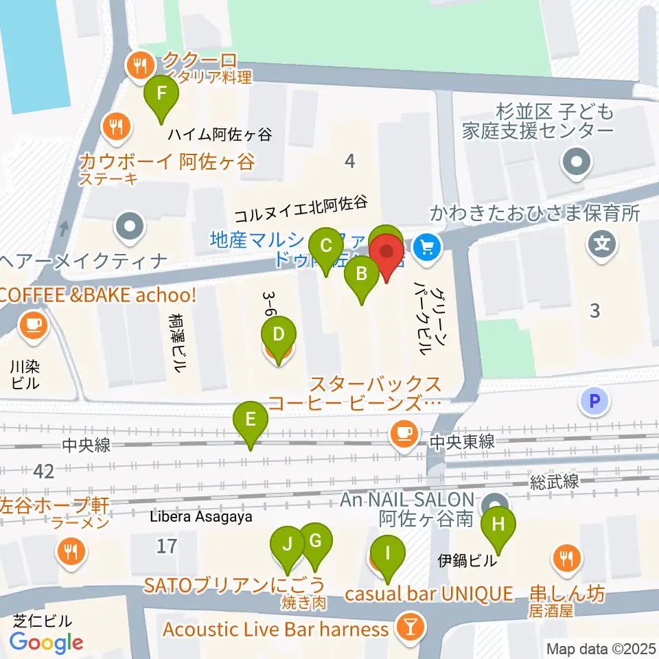 阿佐ヶ谷オイルシティ周辺のファミレス・ファーストフード一覧地図