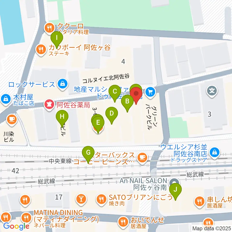 阿佐ヶ谷オイルシティ周辺のファミレス・ファーストフード一覧地図