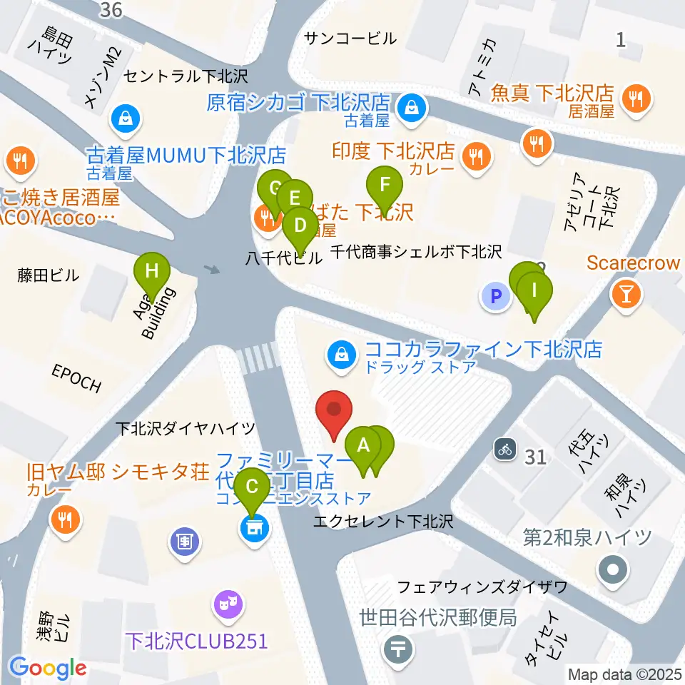 下北沢ロフト周辺のファミレス・ファーストフード一覧地図