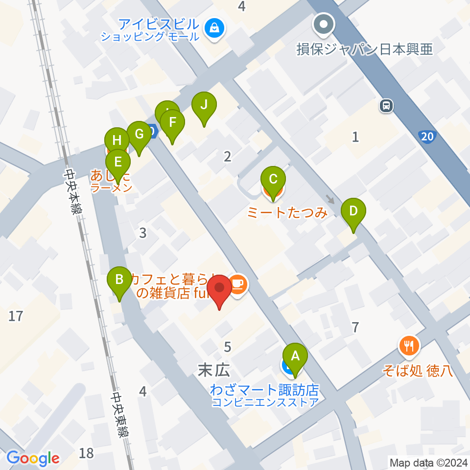 上諏訪ドアーズ周辺のファミレス・ファーストフード一覧地図