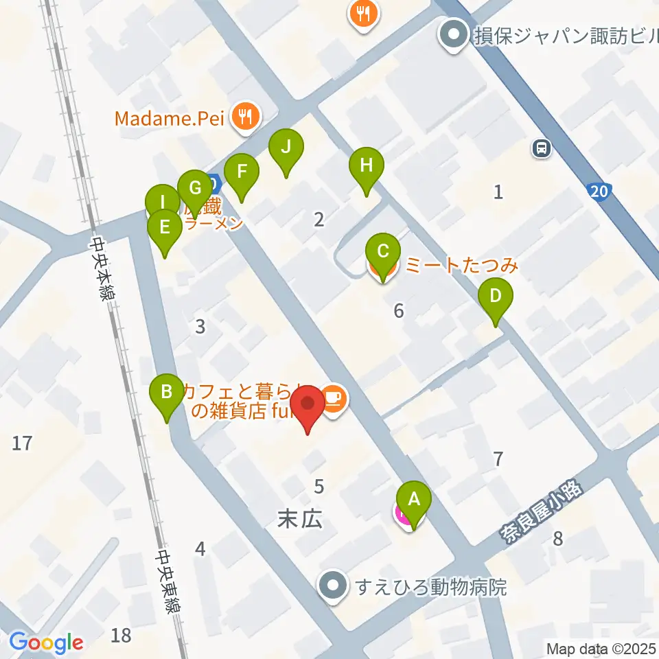 上諏訪ドアーズ周辺のファミレス・ファーストフード一覧地図