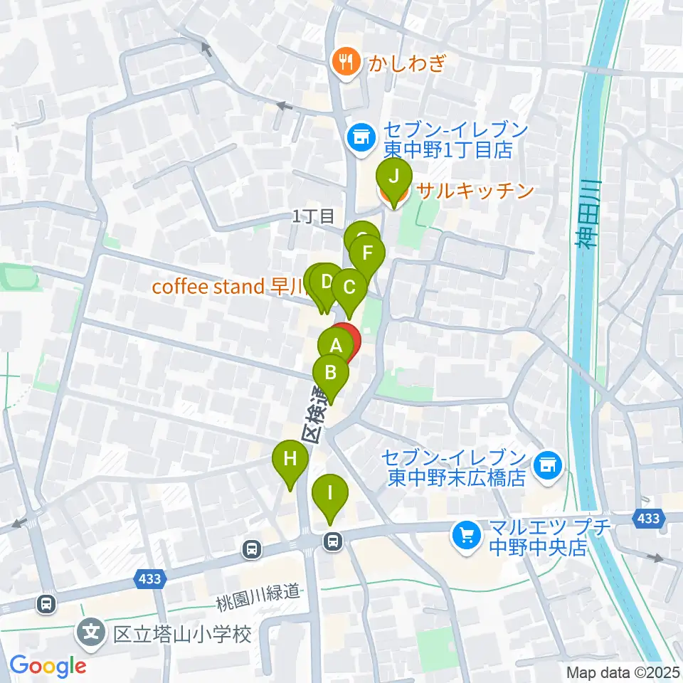 音楽スクールの音屋 OTOYA周辺のファミレス・ファーストフード一覧地図