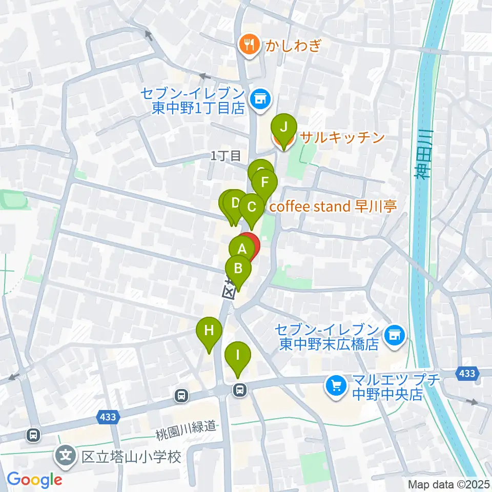 音楽スクールの音屋 OTOYA周辺のファミレス・ファーストフード一覧地図