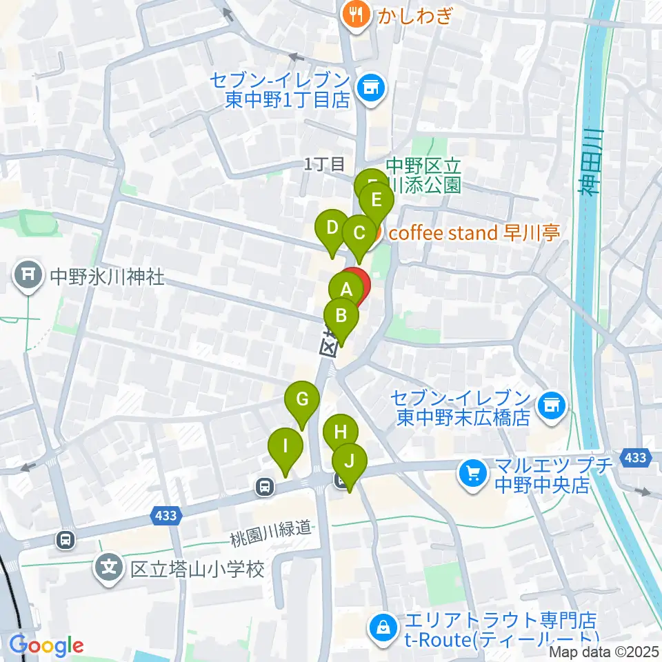 音楽スクールの音屋 OTOYA周辺のファミレス・ファーストフード一覧地図