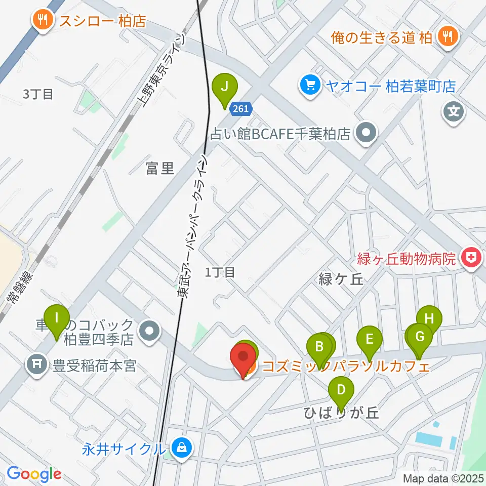 柏デスカマッジ周辺のファミレス・ファーストフード一覧地図