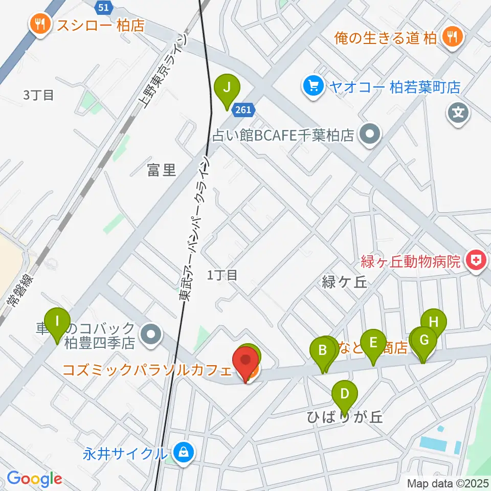 柏デスカマッジ周辺のファミレス・ファーストフード一覧地図