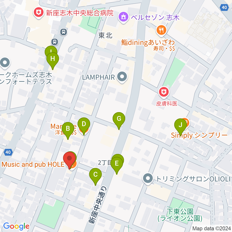 HOLE MUSIC AND PUB周辺のファミレス・ファーストフード一覧地図