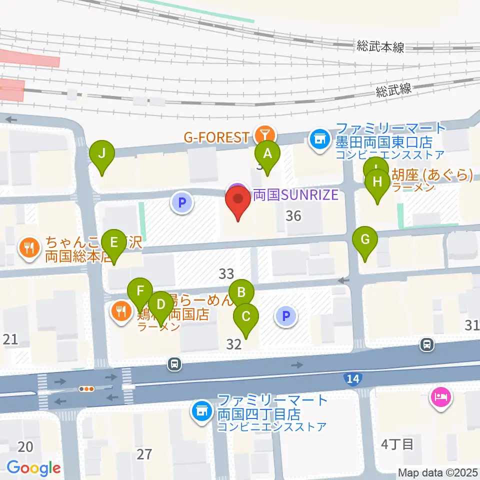 両国SUNRIZE周辺のファミレス・ファーストフード一覧地図