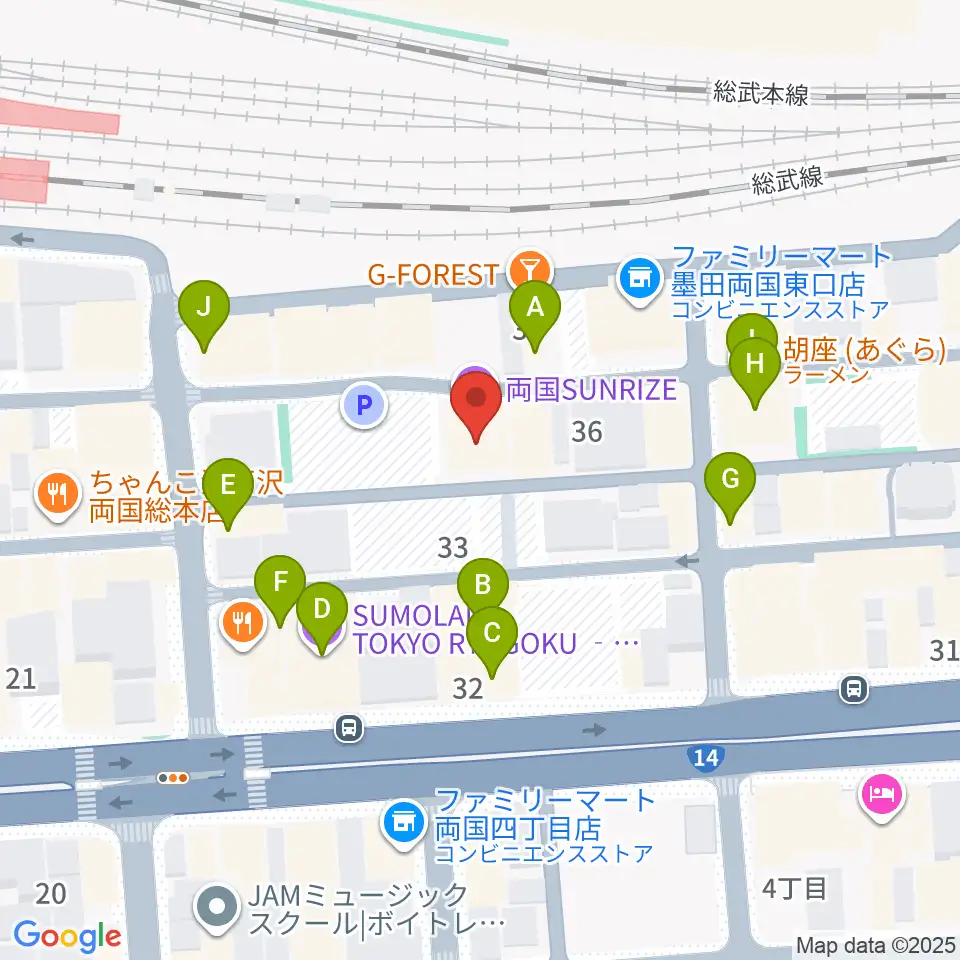 両国SUNRIZE周辺のファミレス・ファーストフード一覧地図