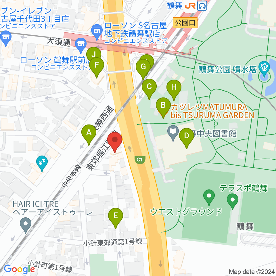 カノンミュージックスクール周辺のファミレス・ファーストフード一覧地図